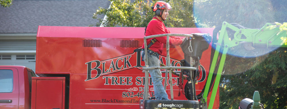 a man in safety gear on a lift in front of a red truck