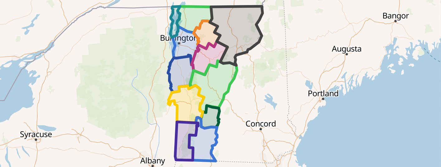 Map of eastern United States with colored districts over Vermont